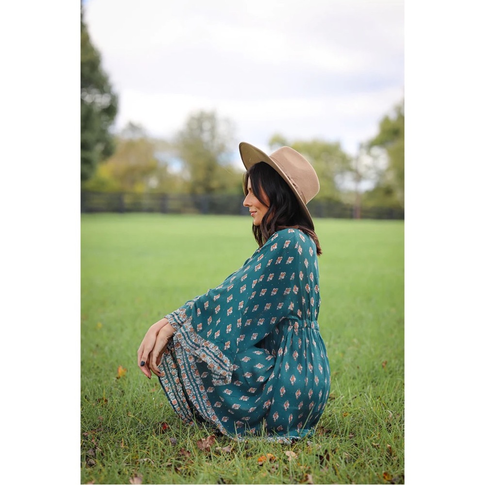 BOHEMIAN BOHO BELL SLEEVE FLORAL DRESS- TEAL